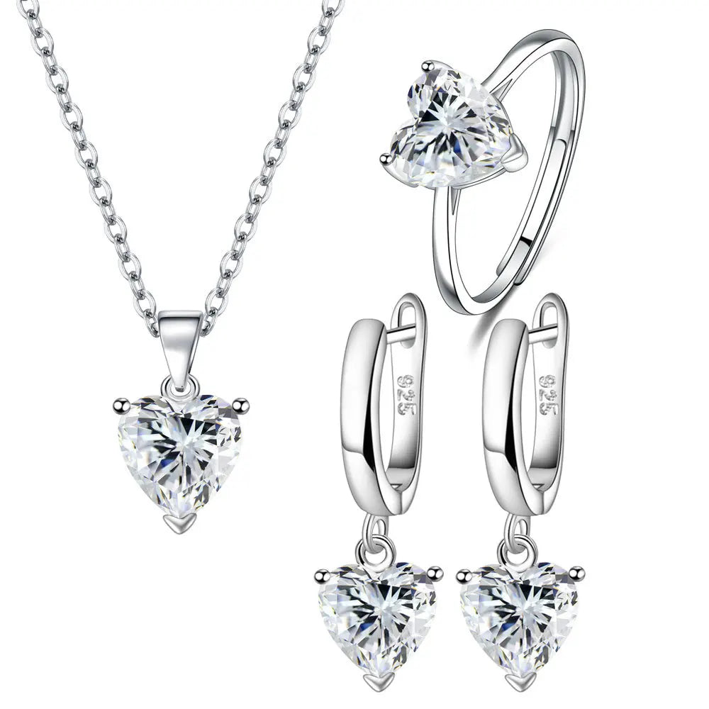 Elegant Heart Zircon Jewelry Set – Sterling Silver Ring, Necklace & Earrings