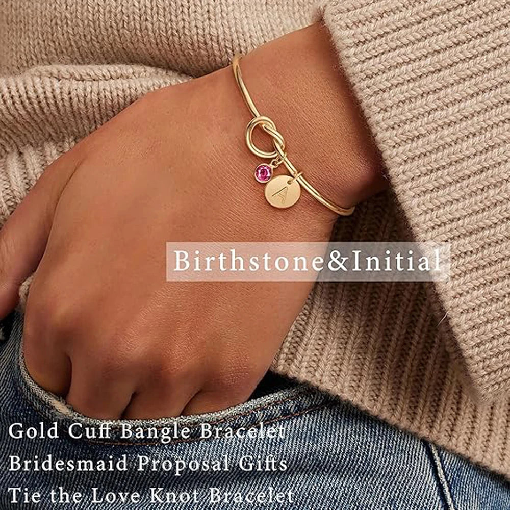 14K Gold Plated Birthstone Initial Bracelet – Elegant Love Knot Cuff for Women