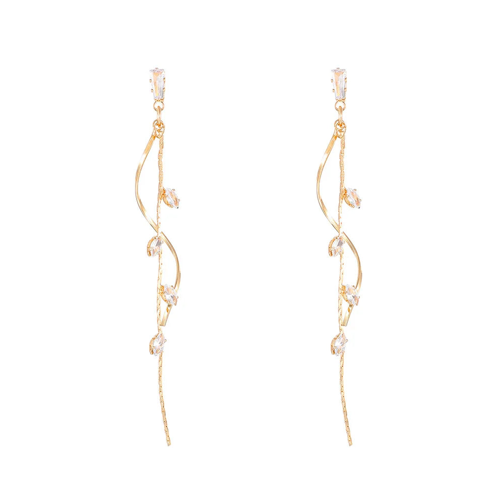 Korean Luxury Tassel Earrings – Twisted Zircon Dangle Design in Gold-Tone Finish