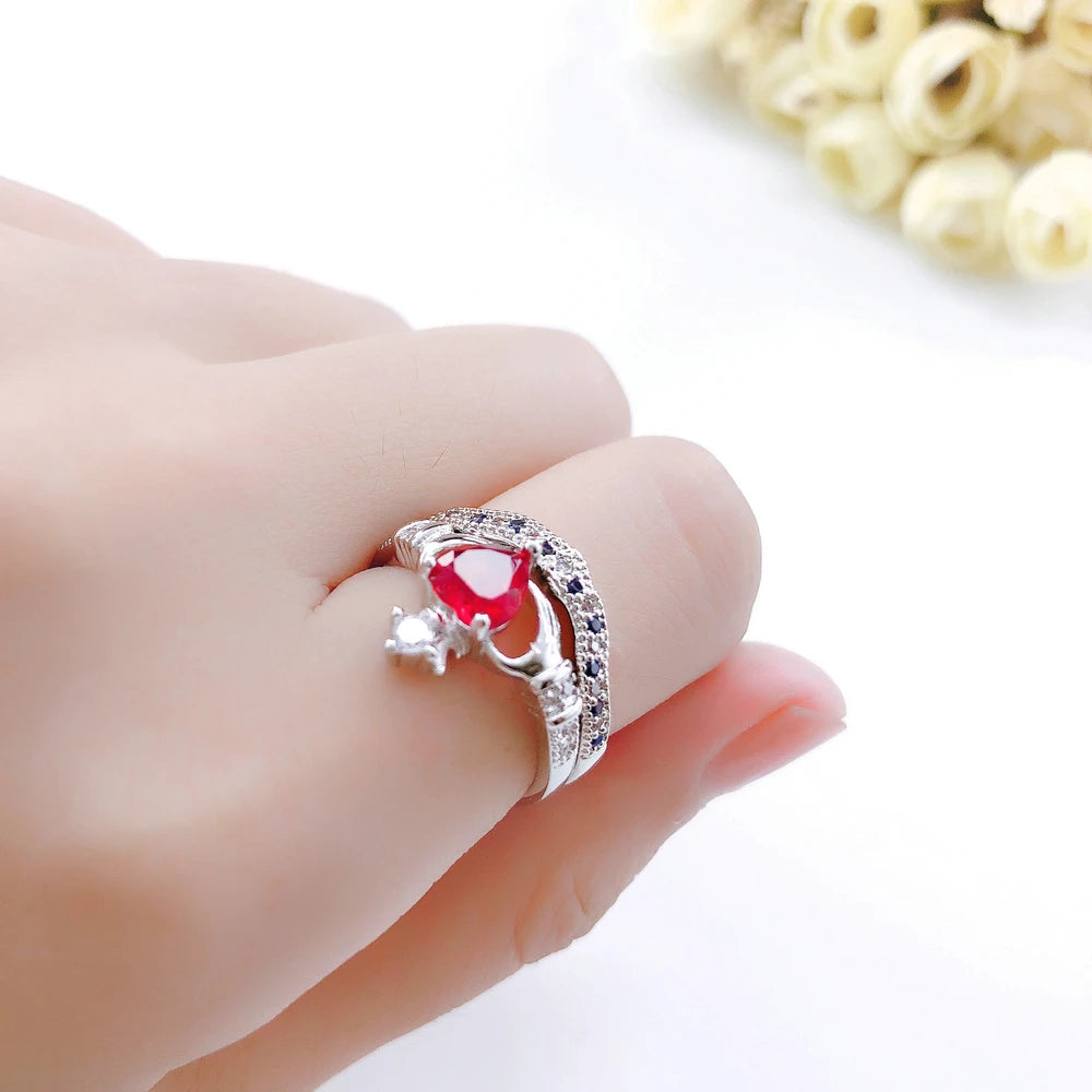 Luxury Crown & Heart Ring – Silver Color CZ Crystal Jewelry