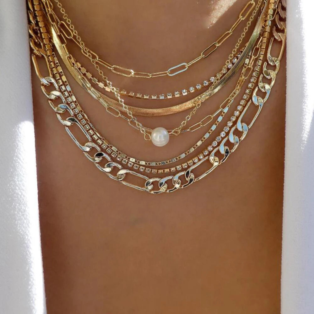 Vintage Gold Stacking Necklace – Multi-Layer Crystal Pendants