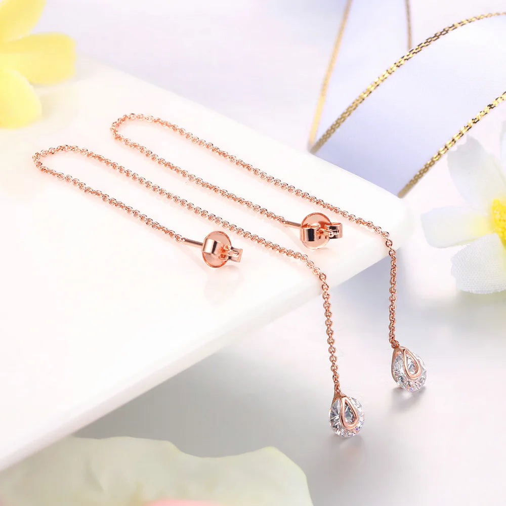 Sparkling Rose Gold Ear Threaders – Elegant Long Dangle Crystal