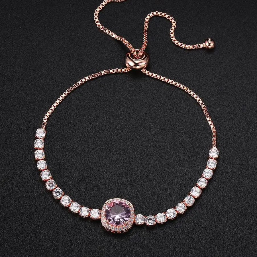 Platinum Pink Crystal Tennis Bracelet – Adjustable Zirconia Chain
