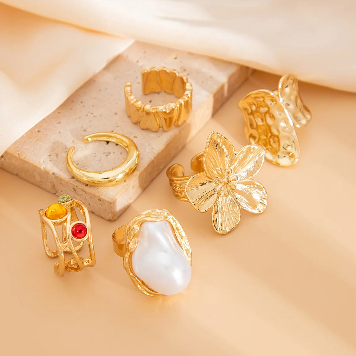 Vintage Baroque Pearl & Flower Ring Set – Gold & Silver Geometric Knuckle and Joint Rings