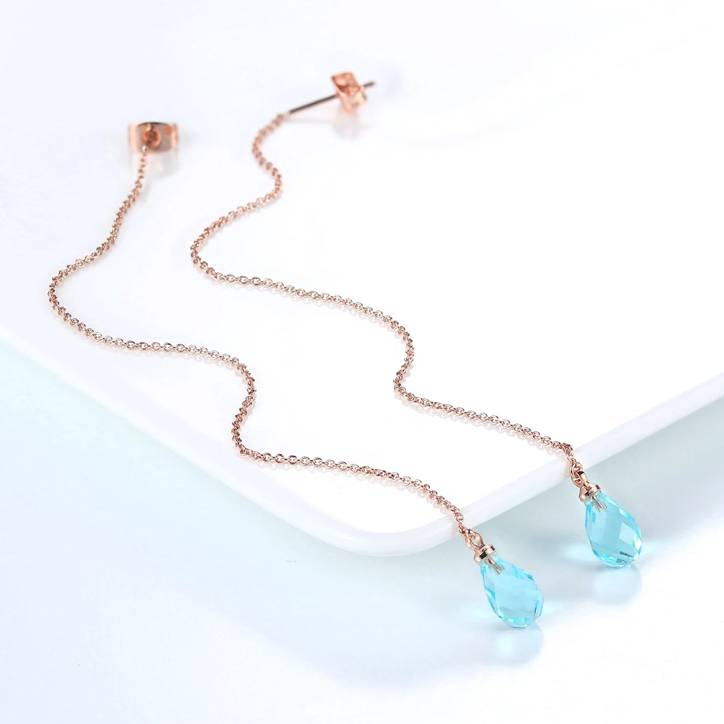 Sparkling Rose Gold Ear Threaders – Elegant Long Dangle Crystal