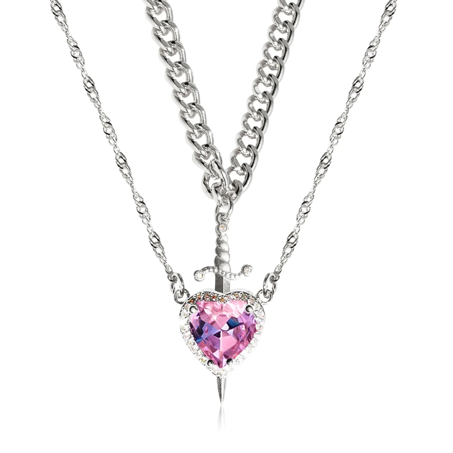 Heart & Sword Couple Necklace Set – 18K Gold Plated Stainless Steel Jewelry with Zircon Crystals