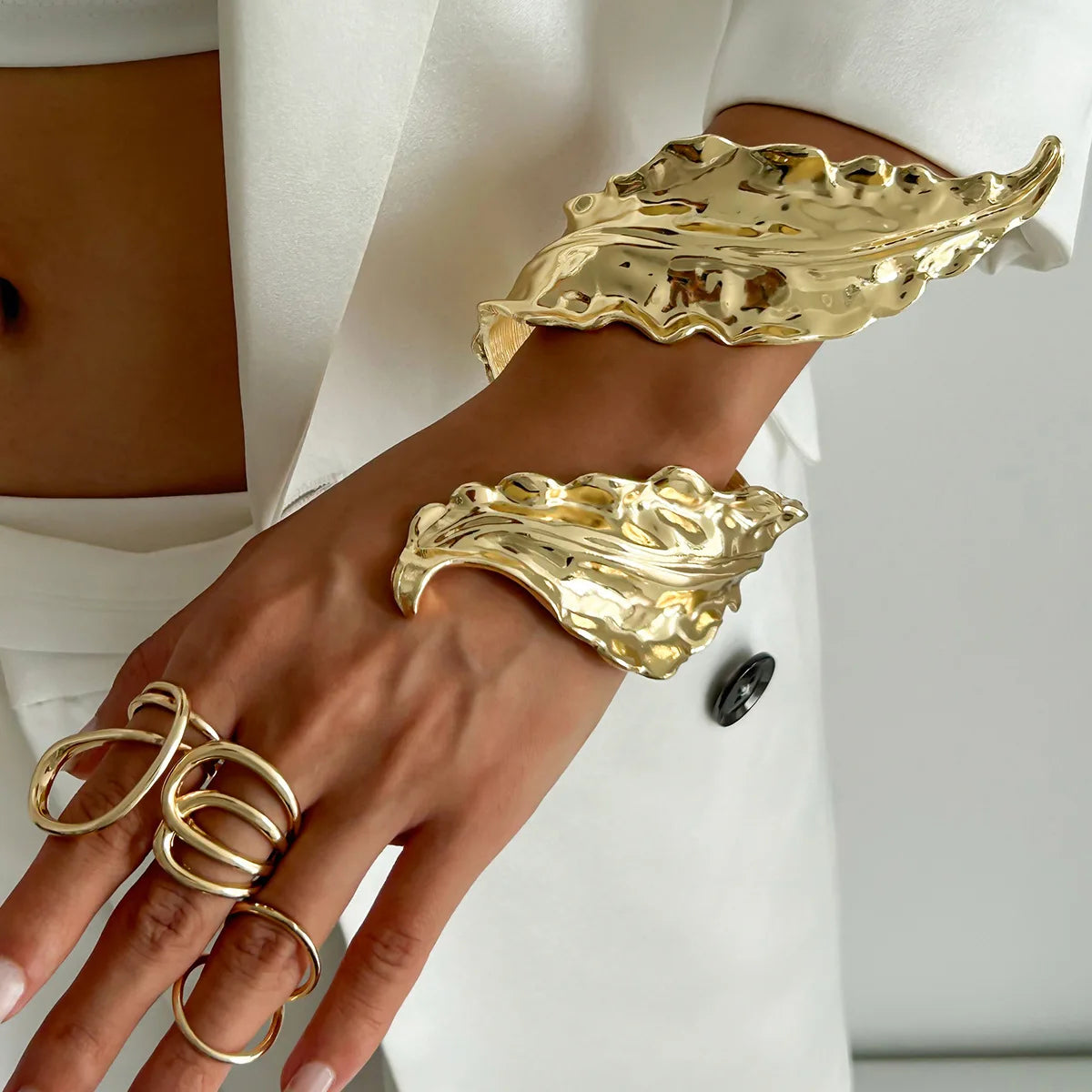 Golden Leaf Statement Wide Bangle Bracelet – Sculptural Geometric Cuff