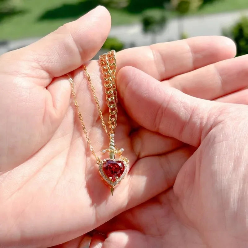 Heart & Sword Couple Necklace Set – 18K Gold Plated Stainless Steel Jewelry with Zircon Crystals