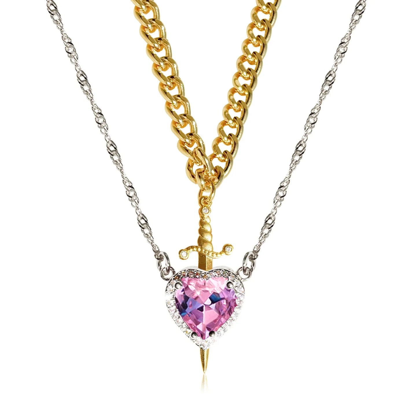 Heart & Sword Couple Necklace Set – 18K Gold Plated Stainless Steel Jewelry with Zircon Crystals