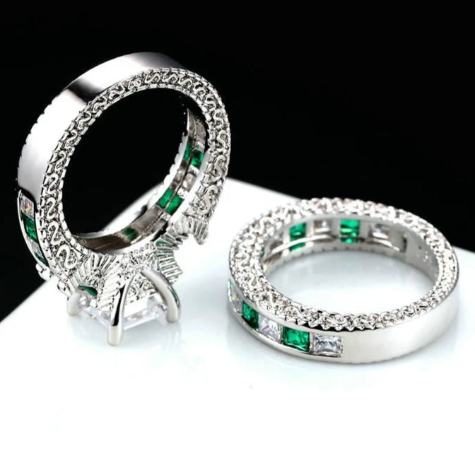Luxury 2-Piece Ring Set – Silver Color Square Green Cubic Zirconia Rings
