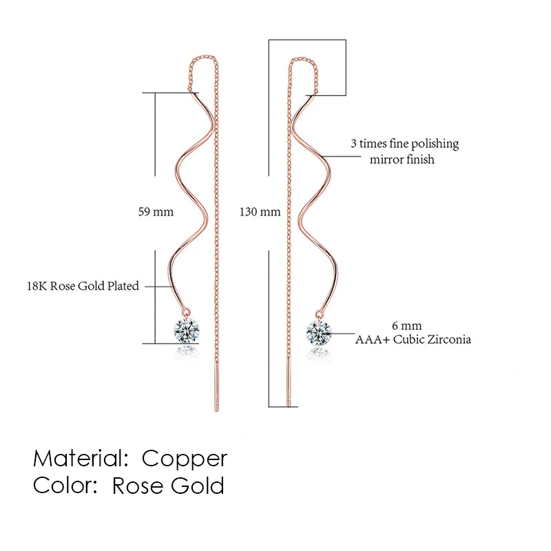Sparkling Rose Gold Ear Threaders – Elegant Long Dangle Crystal