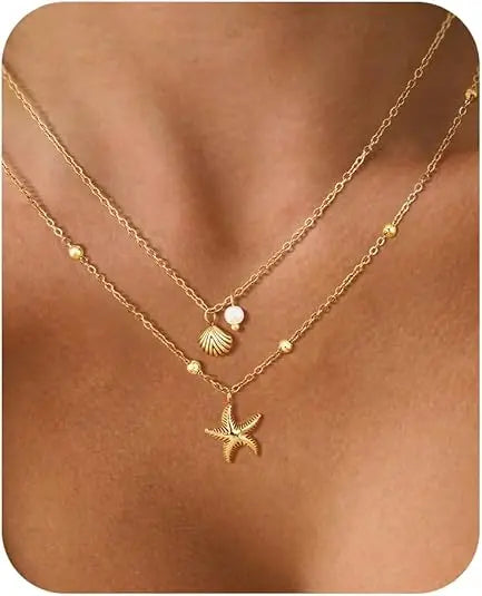Coastal Charm Necklace – 14K Gold Plated Layers with Starfish, Conch & Pearl Accents