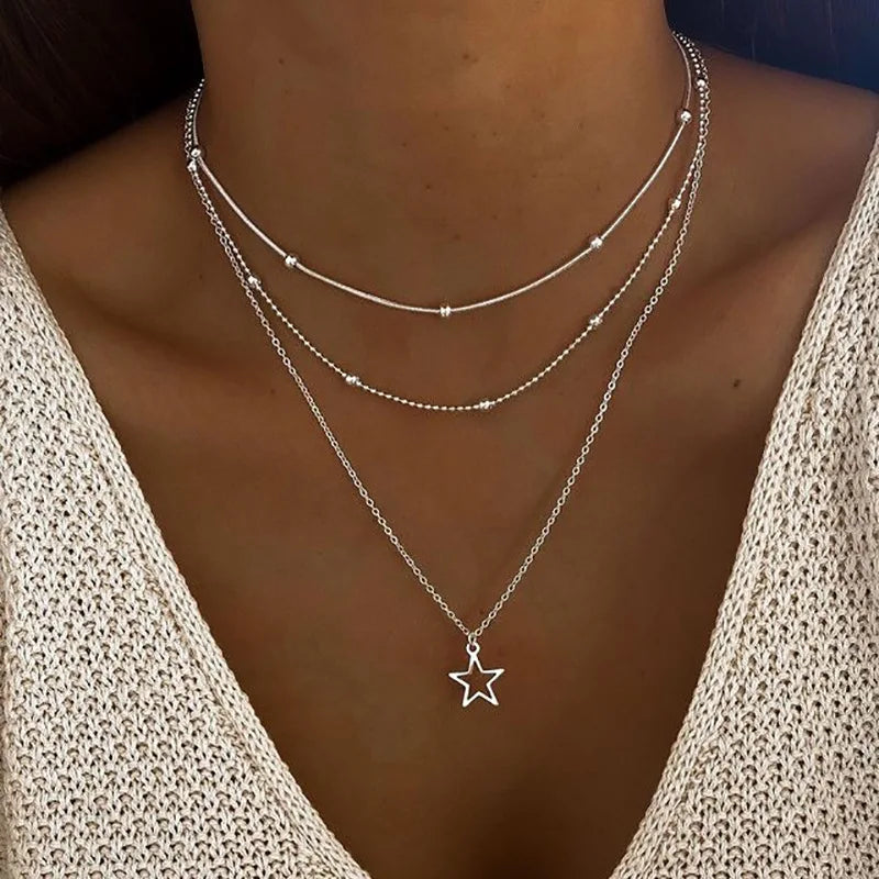 Vintage Gold Hollow Star Necklace Set – clavicle Chains