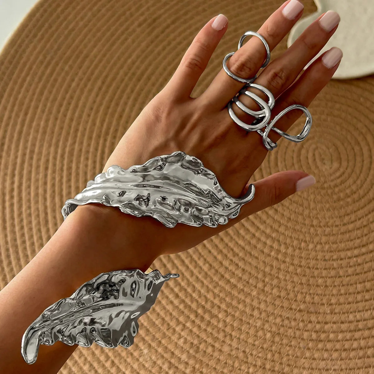 Golden Leaf Statement Wide Bangle Bracelet – Sculptural Geometric Cuff