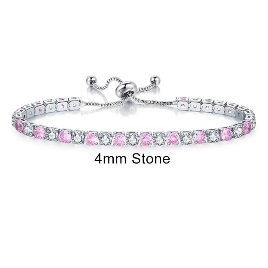 Platinum Pink Crystal Tennis Bracelet – Adjustable Zirconia Chain