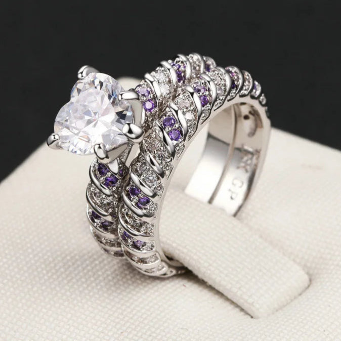 Silver Heart-Shaped Ring Set – 2 Pieces with Cubic Zirconia