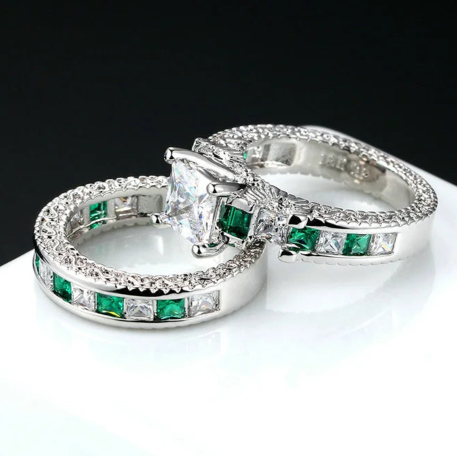 Luxury 2-Piece Ring Set – Silver Color Square Green Cubic Zirconia Rings