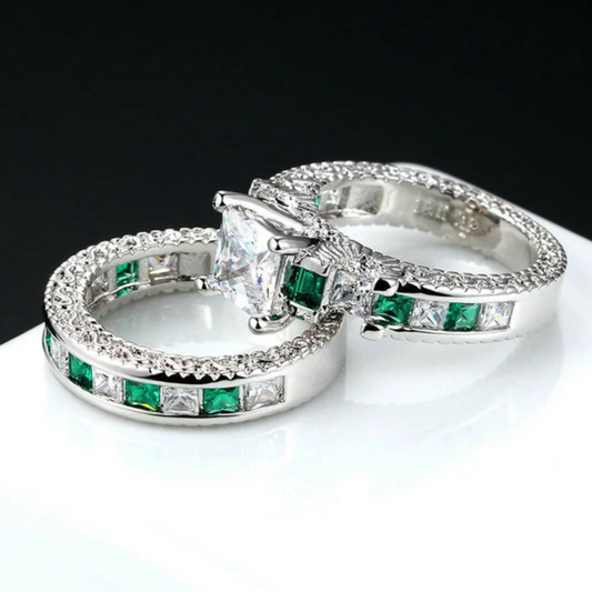 Luxury 2-Piece Ring Set – Silver Color Square Green Cubic Zirconia Rings