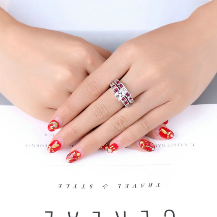 Luxury Square Pink CZ Ring Set – 2-Piece Silver-Tone Cocktail Rings