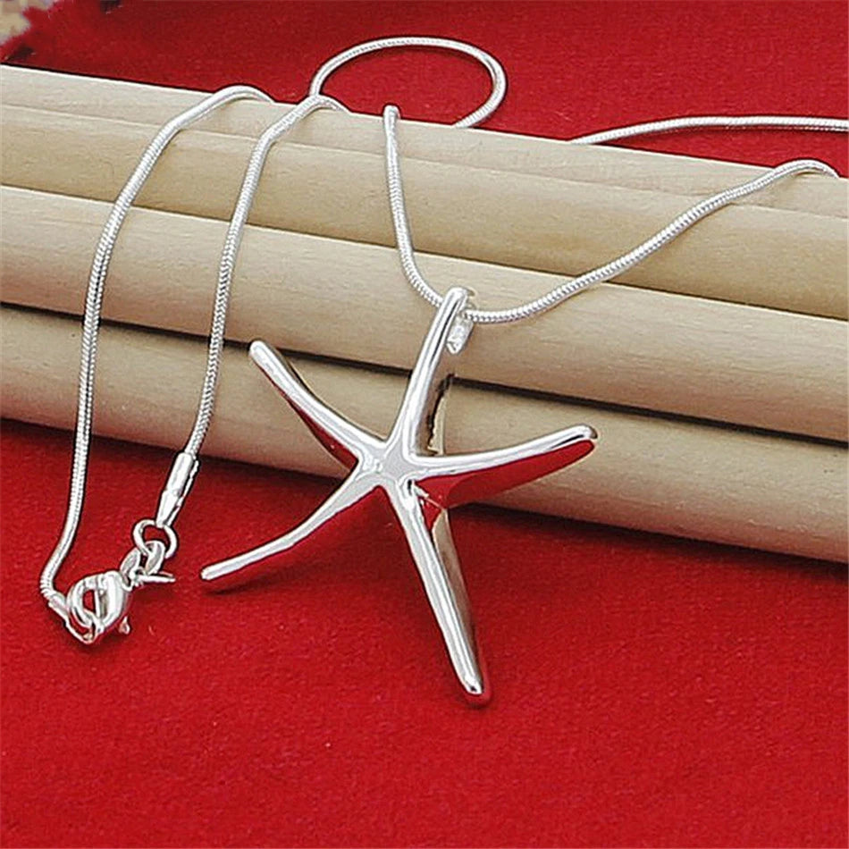 Sterling Silver Star & Starfish Charm Necklace – Adjustable Chain, Ocean-Inspired