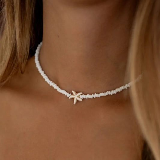 Tidepool Starfish & Turtle Beaded Choker – Adjustable Surf Necklace, Ocean-Inspired Design