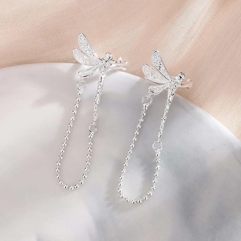 Dragonfly Ear Cuff with Tassel – Silver Color Fake Piercing for Non-Pierced Ears