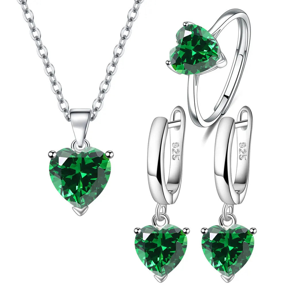 Elegant Heart Zircon Jewelry Set – Sterling Silver Ring, Necklace & Earrings