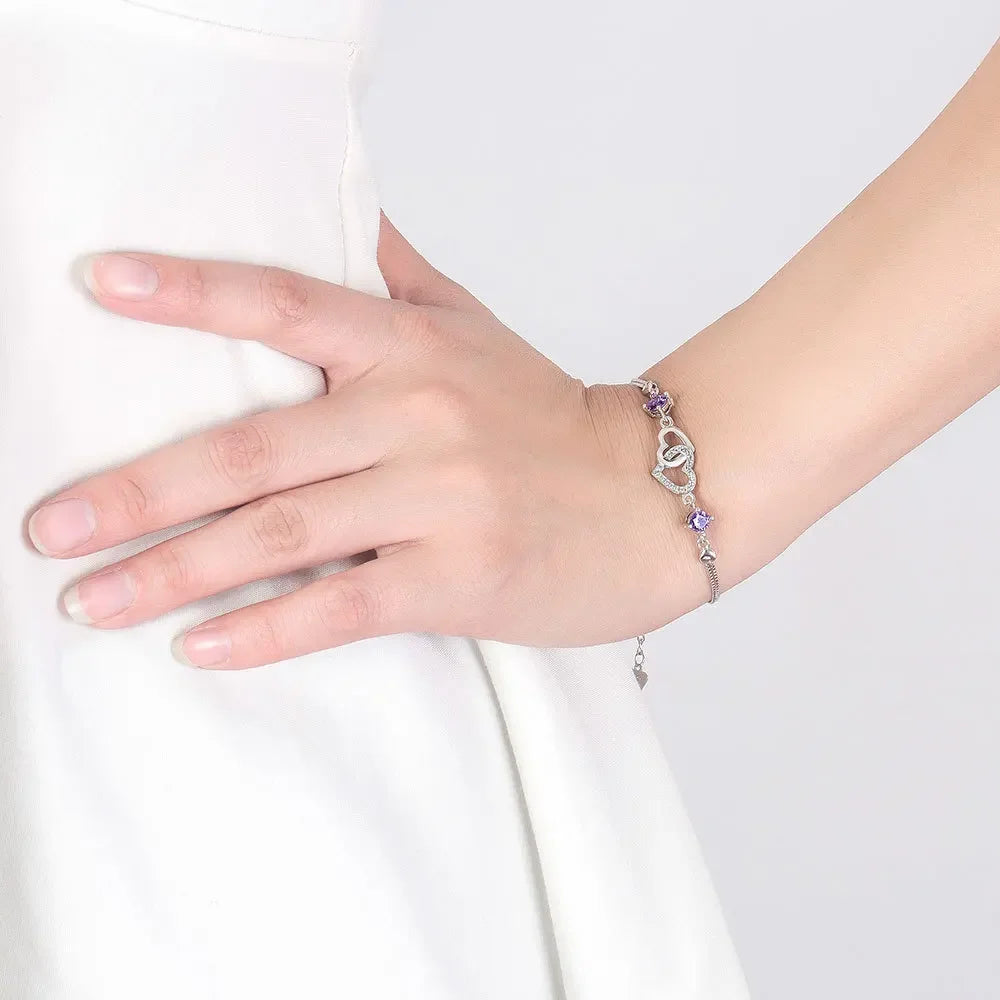 Sterling Silver Heart Charm Bracelet – Inlaid with Natural Amethyst & Zircon