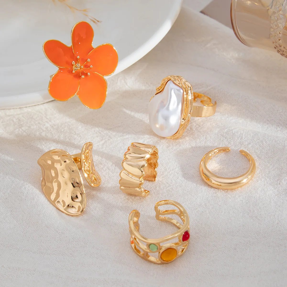 Vintage Baroque Pearl & Flower Ring Set – Gold & Silver Geometric Knuckle and Joint Rings