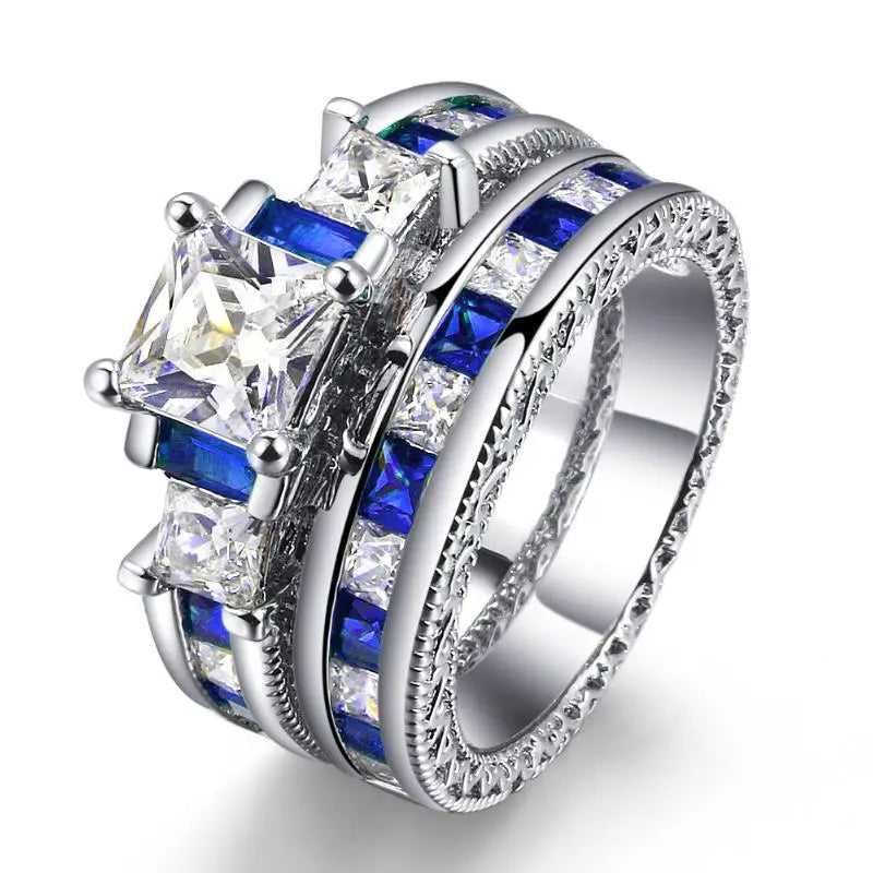 Luxury 2-Piece Ring Set – Silver Color Square Green Cubic Zirconia Rings