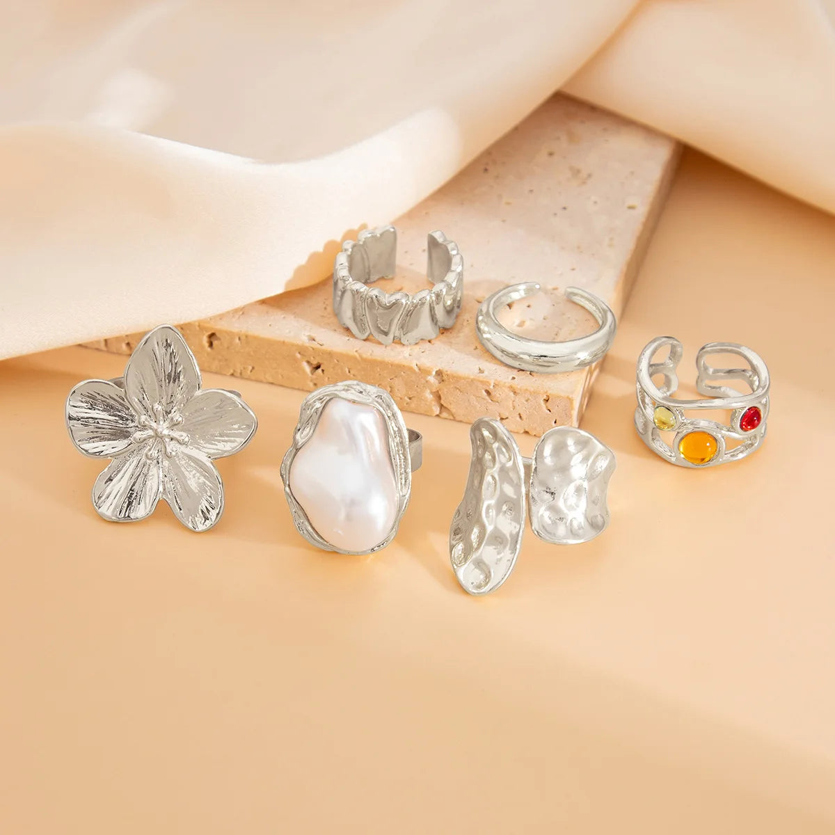 Vintage Baroque Pearl & Flower Ring Set – Gold & Silver Geometric Knuckle and Joint Rings