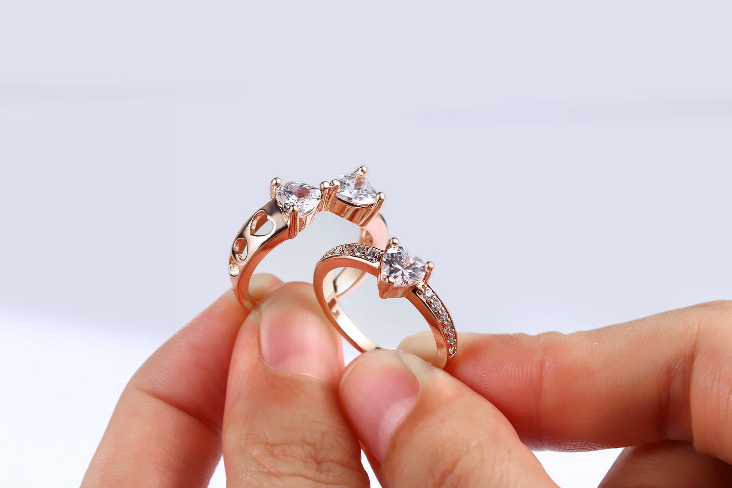 3-Piece Rose Gold Stacking Ring Set – Heart & Flower Crystal Rings for Women