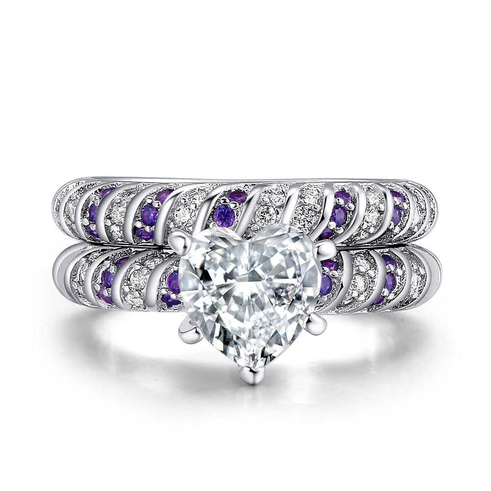 Silver Heart-Shaped Ring Set – 2 Pieces with Cubic Zirconia