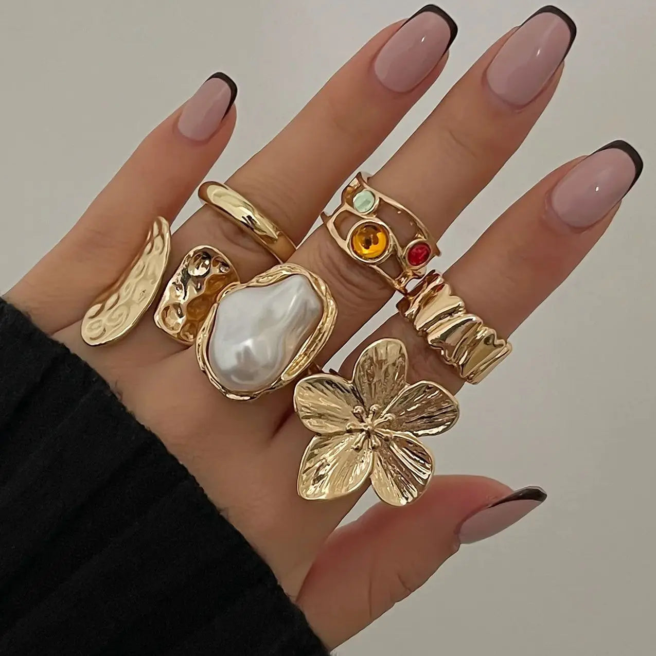 Vintage Baroque Pearl & Flower Ring Set – Gold & Silver Geometric Knuckle and Joint Rings
