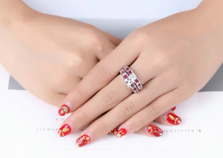 Luxury Square Pink CZ Ring Set – 2-Piece Silver-Tone Cocktail Rings