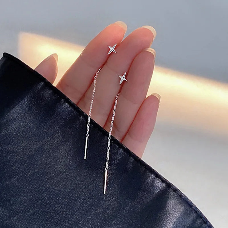 Sterling Silver Star Drop Earrings – Elegant Tassel Chain Design