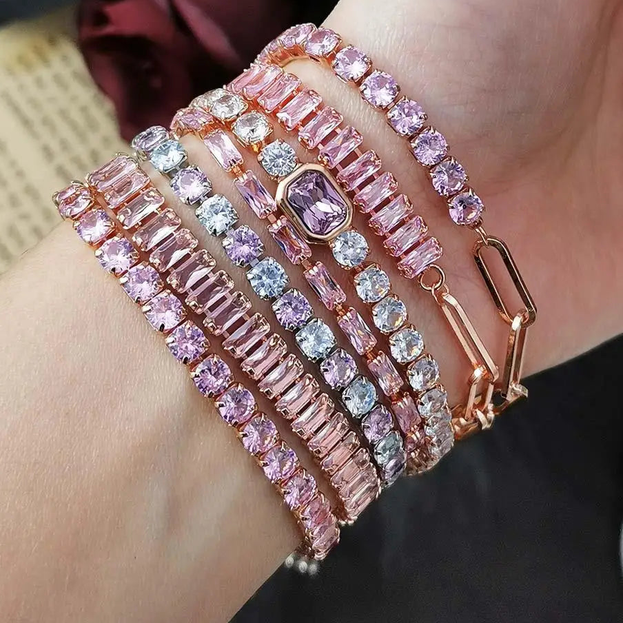 Platinum Pink Crystal Tennis Bracelet – Adjustable Zirconia Chain
