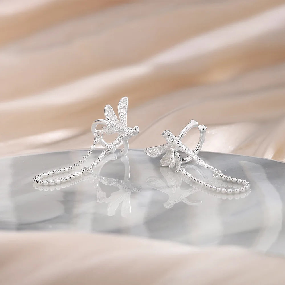 Dragonfly Ear Cuff with Tassel – Silver Color Fake Piercing for Non-Pierced Ears