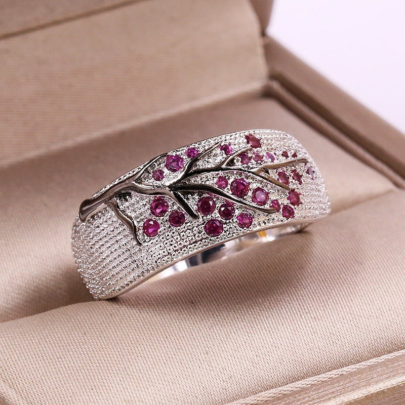 Luxury Plum Blossom Branch Ring – Silver Color with Cubic Zirconia Stones