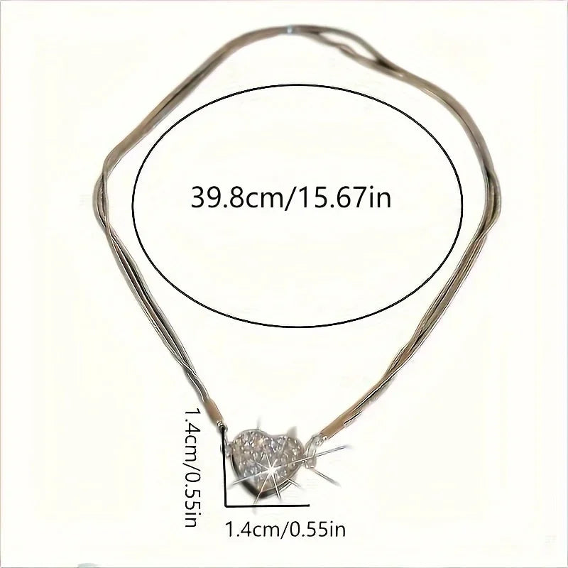 Elegant Heart Zircon Pendant Necklace – Multilayer Clavicle Chain with Magnetic Clasp