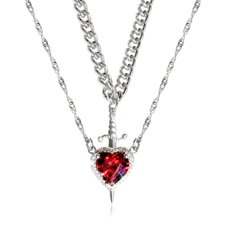 Heart & Sword Couple Necklace Set – 18K Gold Plated Stainless Steel Jewelry with Zircon Crystals