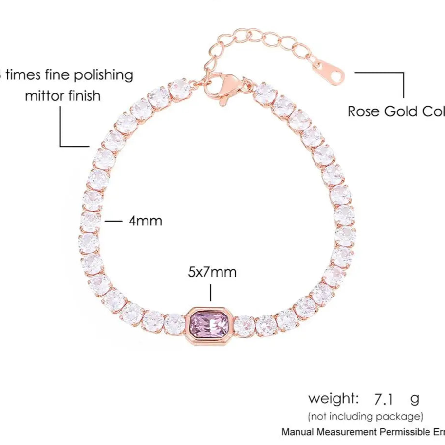 Platinum Pink Crystal Tennis Bracelet – Adjustable Zirconia Chain