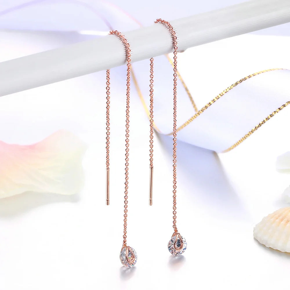 Sparkling Rose Gold Ear Threaders – Elegant Long Dangle Crystal