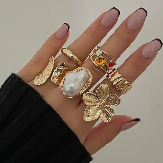 Elegant Baroque Pearl & Metal Flower Ring – Irregular Open Design Statement