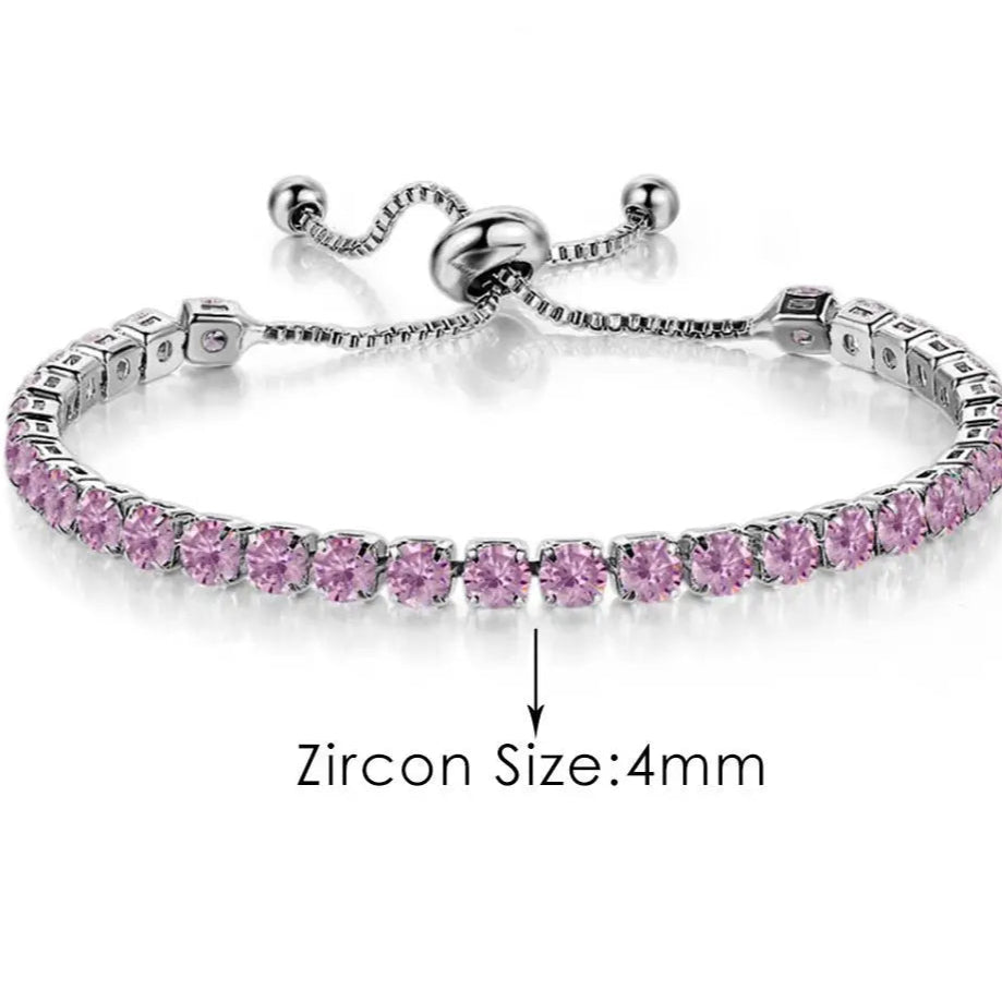 Platinum Pink Crystal Tennis Bracelet – Adjustable Zirconia Chain