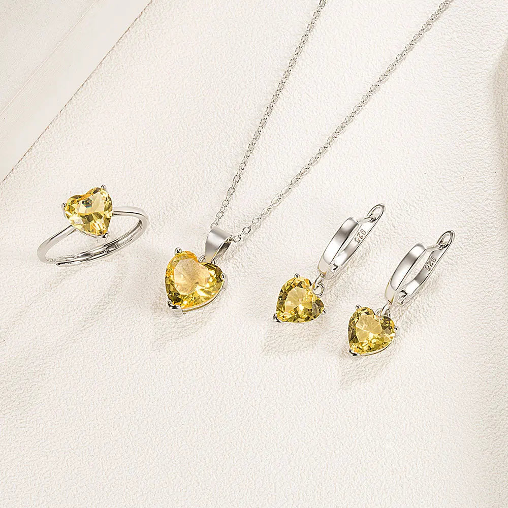 Elegant Heart Zircon Jewelry Set – Sterling Silver Ring, Necklace & Earrings