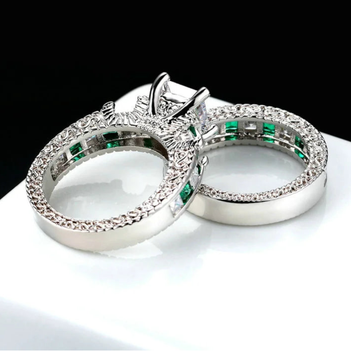 Luxury 2-Piece Ring Set – Silver Color Square Green Cubic Zirconia Rings