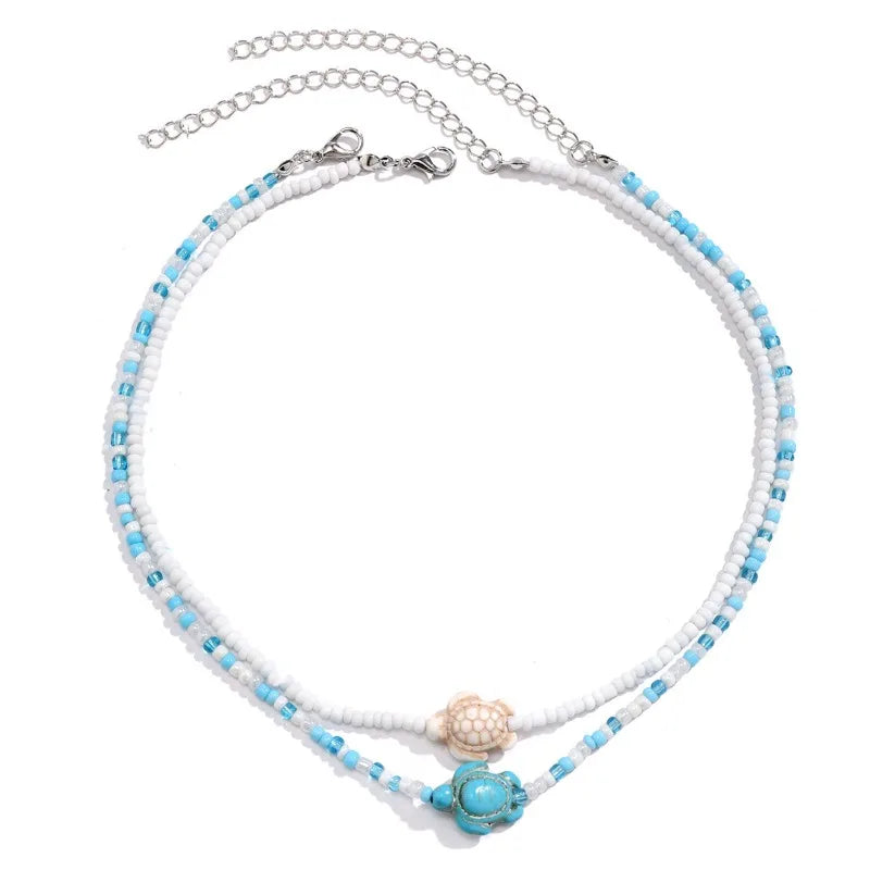 Tidepool Starfish & Turtle Beaded Choker – Adjustable Surf Necklace, Ocean-Inspired Design
