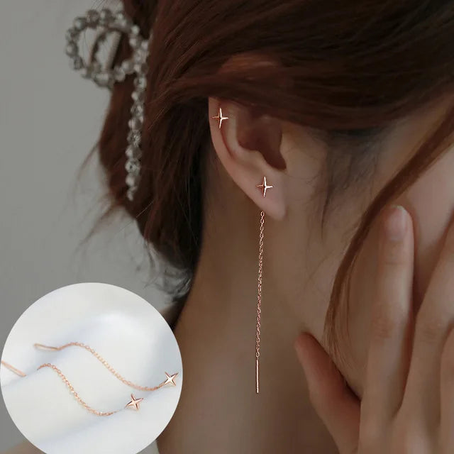Sterling Silver Star Drop Earrings – Elegant Tassel Chain Design