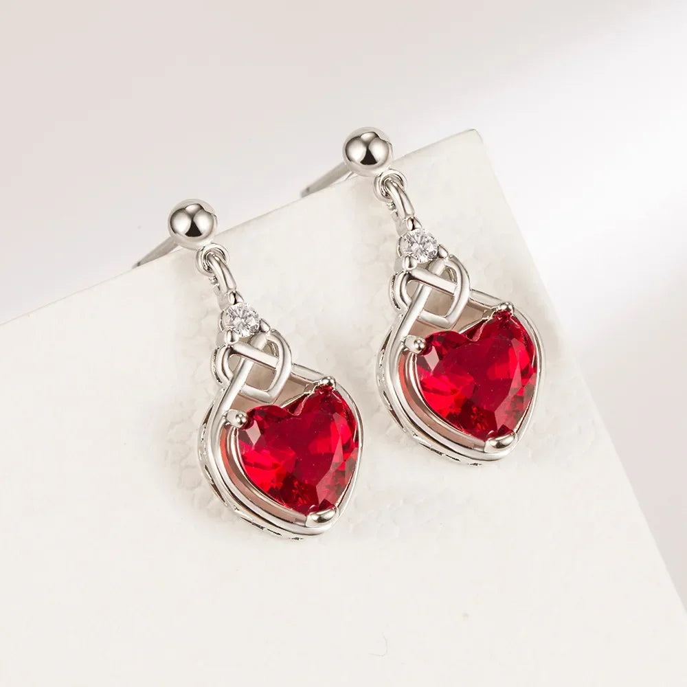 Red Heart Zircon Jewelry Set – Elegant Silver Ring, Earrings & Necklace